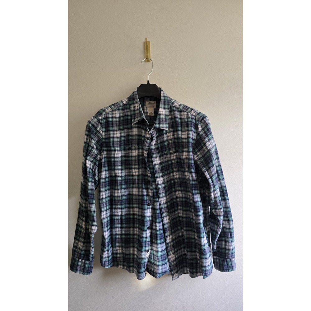 L.L.Bean Plaid Flannel Shirt Mens Large Regular Slightly Fitted Blue Cotton